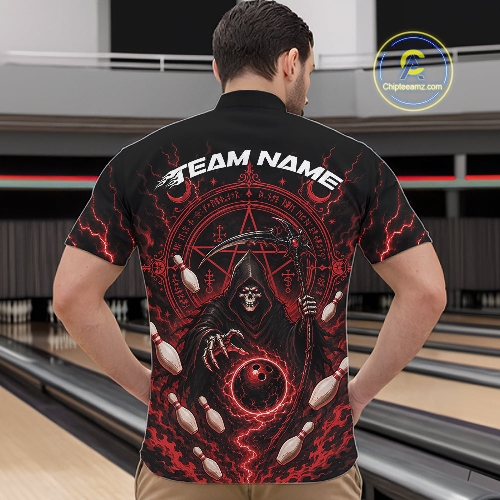 A man viewed from behind wearing a black short-sleeve bowling shirt with a large red and black grim reaper graphic, white bowling pins, and 'TEAM NAME' printed across the back. 