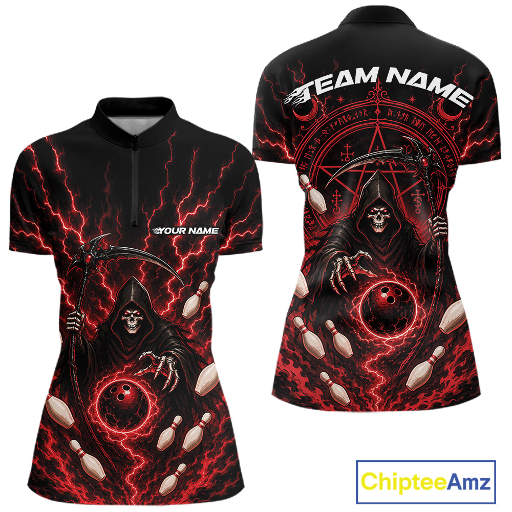 Front and back views of a womens black short-sleeve quarter zip shirt with a red and black grim reaper bowling graphic, featuring lightning effects, bowling pins, and customizable text areas on the chest and back.