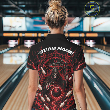 A woman viewed from behind wearing a black short-sleeve bowling shirt with a large red and black grim reaper graphic and the text 'TEAM NAME' on the back, standing in a bowling alley.
