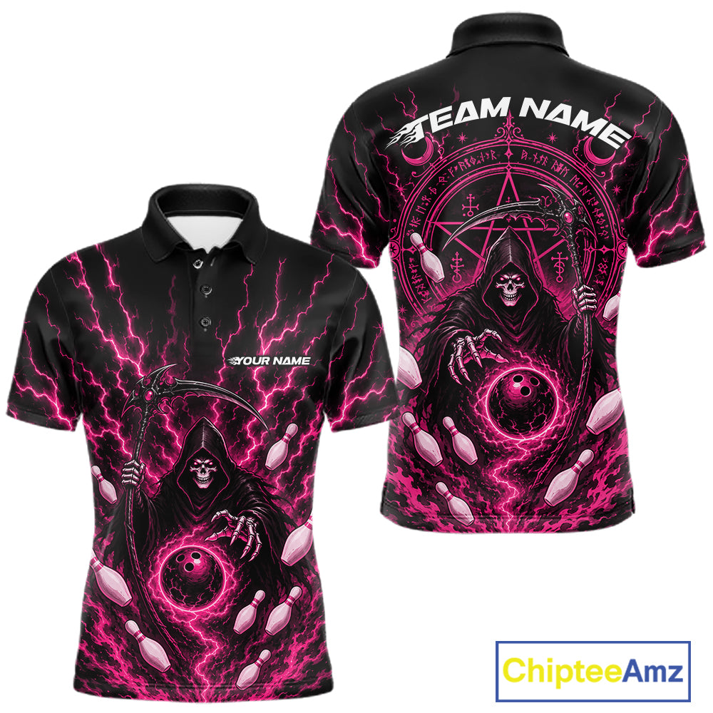 Black short-sleeve polo shirt with a vivid pink and white grim reaper graphic, shown in front and back views on a white background. The back features a large circular occult-style design with the text 'TEAM NAME' and 'YOUR NAME'.