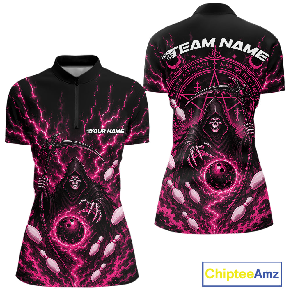 Front and back views of a women's short-sleeve quarter zip shirt with a black base and vivid pink lightning-bolt and grim reaper graphic, featuring bowling pin illustrations and customizable text areas, shown on a white background with a ChipteeAmz logo in the corner.
