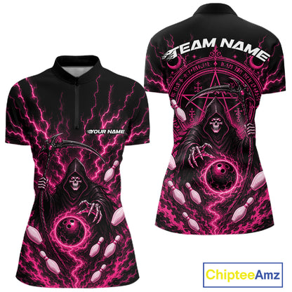 Front and back views of a women's short-sleeve quarter zip shirt with a black base and vivid pink lightning-bolt and grim reaper graphic, featuring bowling pin illustrations and customizable text areas, shown on a white background with a ChipteeAmz logo in the corner.