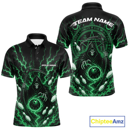 Black short-sleeve polo shirt shown from front and back with a dark grim reaper design, bright green lightning effects, skull imagery, and customizable text placeholders. 