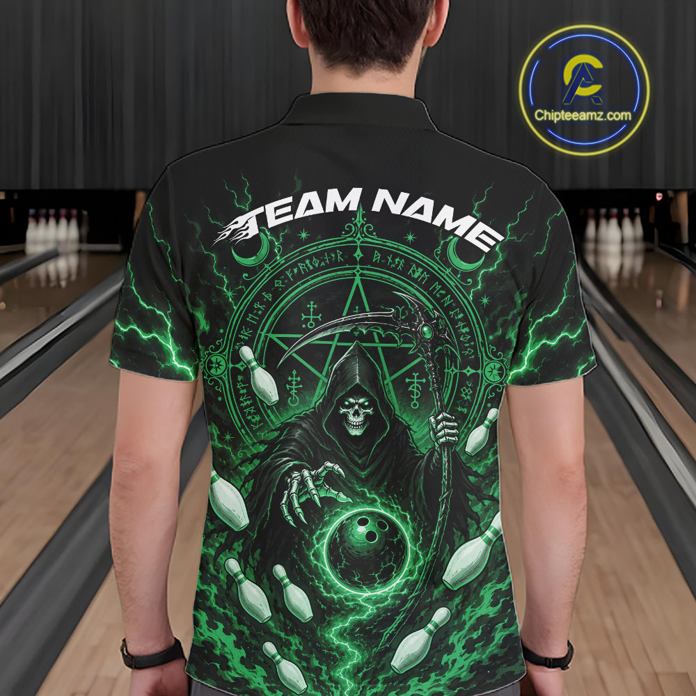 A man viewed from behind wearing a black short-sleeve polo shirt with a large green and black grim reaper graphic, featuring the text 'TEAM NAME' and bowling pins and lightning details. The background shows bowling lanes, and a 'Chipteamz" logo