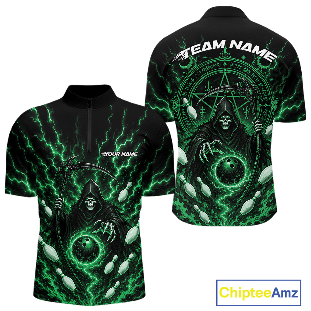 Black short-sleeve zip-up shirt shown from front and back with a vivid green and white grim reaper design, lightning effects, circular occult-style graphics, and customizable text placeholders.