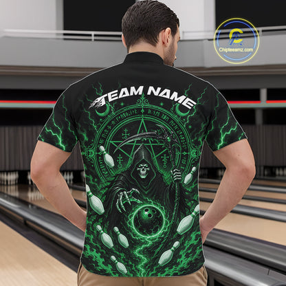 A man viewed from behind wearing a black short-sleeve bowling shirt with a large green grim reaper graphic and the text 'TEAM NAME' across the upper back. 