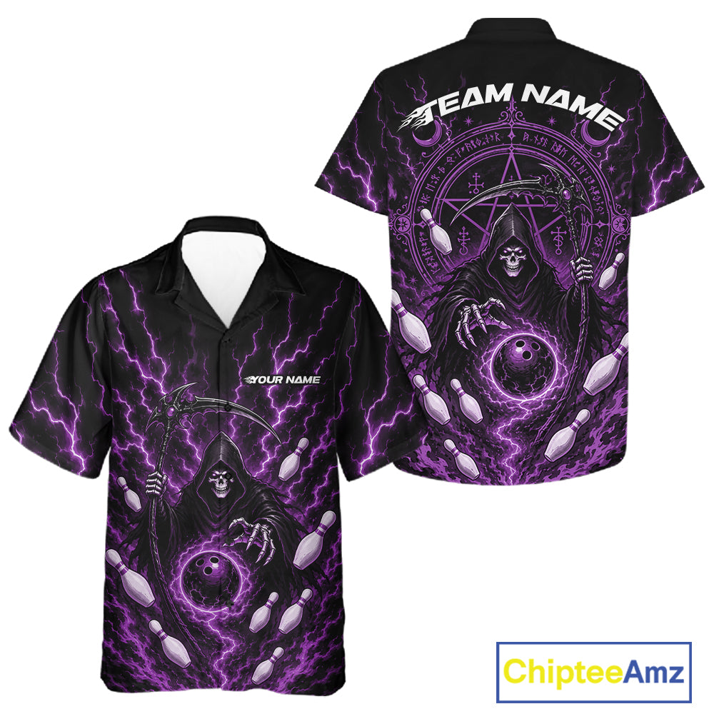 Custom short-sleeve button-up shirt shown in front and back views, featuring a black base with vivid purple lightning, a grim reaper graphic, skull motifs, and customizable text areas reading TEAM NAME and YOUR NAME. A ChipteeAmz logo appears in the bottom right corner.