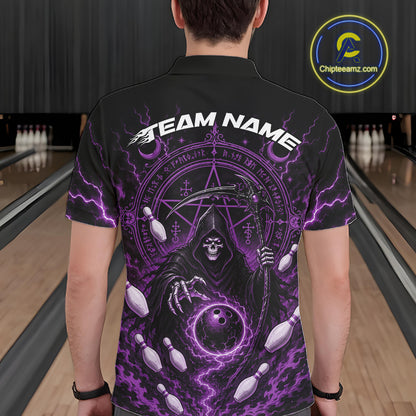 A person viewed from behind wearing a black short-sleeve polo shirt with a large purple and white grim reaper graphic, lightning, bowling pins, and the text 'TEAM NAME' across the upper back. Bowling lanes are visible in the background