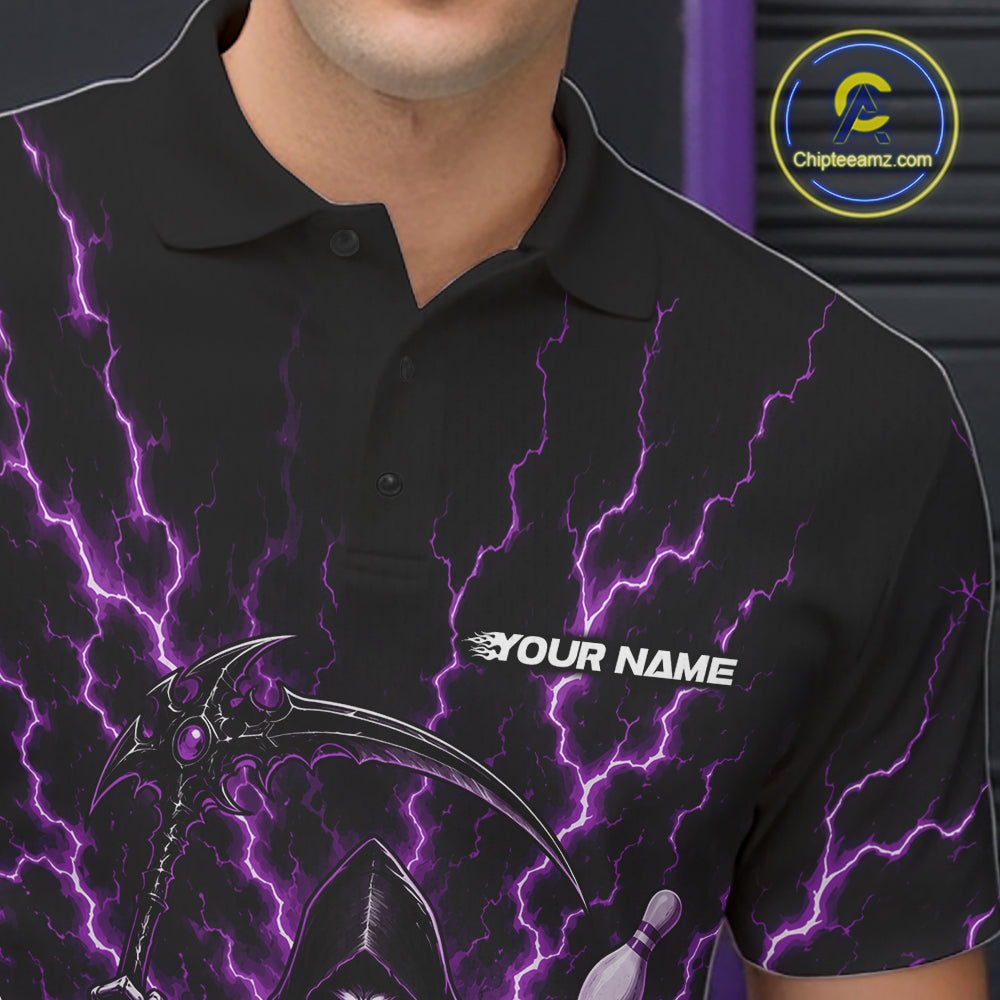 A close-up of a man wearing a black short-sleeve polo shirt with a purple lightning bolt graphic and a white 'YOUR NAME' text placeholder on the chest. 