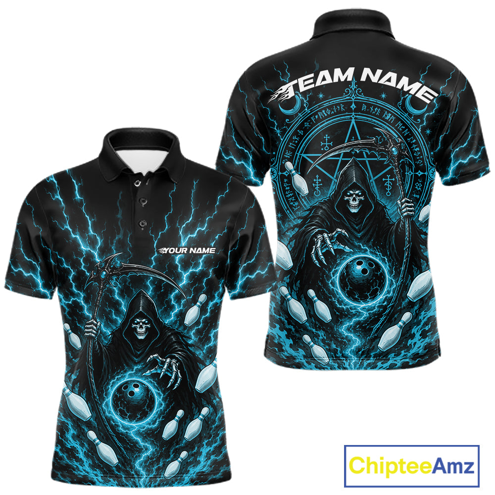 Custom short-sleeve polo shirt shown from the front and back, featuring a black background with a detailed graphic of a grim reaper surrounded by bright blue lightning and glowing orbs. The front displays a small white text placeholder, and the back has a larger magic circular design with 'TEAM NAME' text at the top.