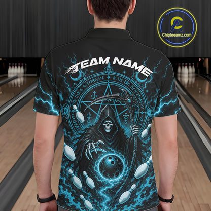 A man viewed from behind wearing a black short-sleeve polo shirt with a large blue and black grim reaper graphic featuring lightning, bowling pins, a scythe, and the text 'TEAM NAME' across the upper back. 