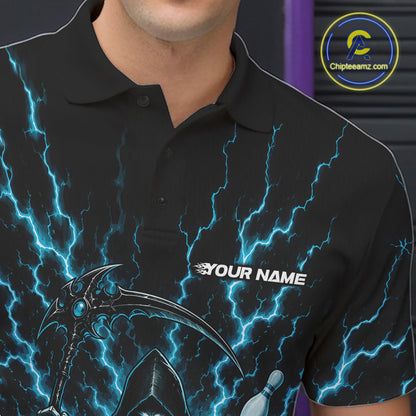 A close-up of a man wearing a black short-sleeve polo shirt with a blue lightning bolt graphic and a grim reaper design. The shirt features a white customizable text placeholder reading 'YOUR NAME' on the chest.