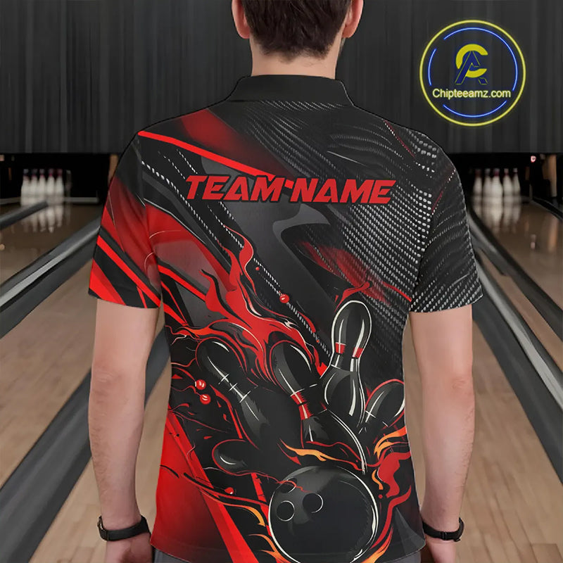 Black And Red Custom Flame Bowling Shirts For Men, Fire Bowling Team Shirt Bowler Jersey IPHW7931