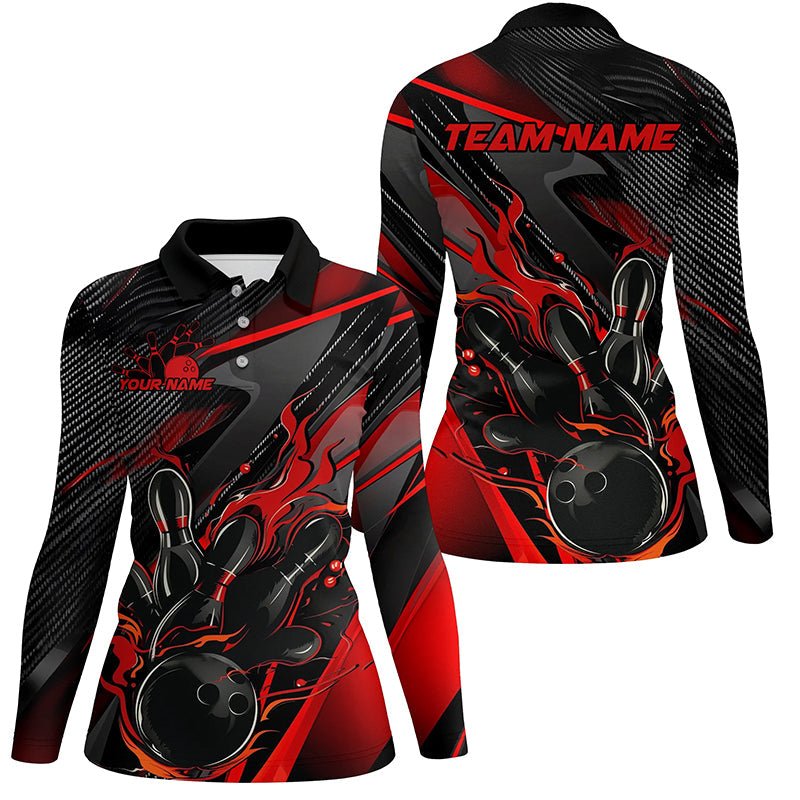 Black And Red Custom Flame Bowling Shirts For Women, Fire Bowling Team Shirt Bowler Jersey IPHW7931