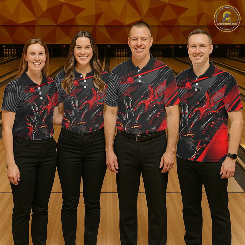 Black And Red Custom Flame Bowling Shirts For Men, Fire Bowling Team Shirt Bowler Jersey IPHW7931