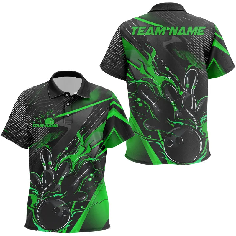 Black And Green Custom Flame Bowling Kid Polo Shirts, Fire Bowling Team Shirt Bowler Jersey IPHW7934