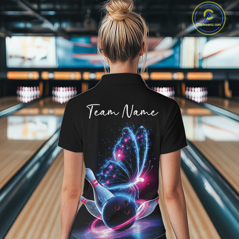Custom Blue And Pink Galaxy Butterfly Bowling Women Shirts, Ladies Bowling Outfit IPHW10243