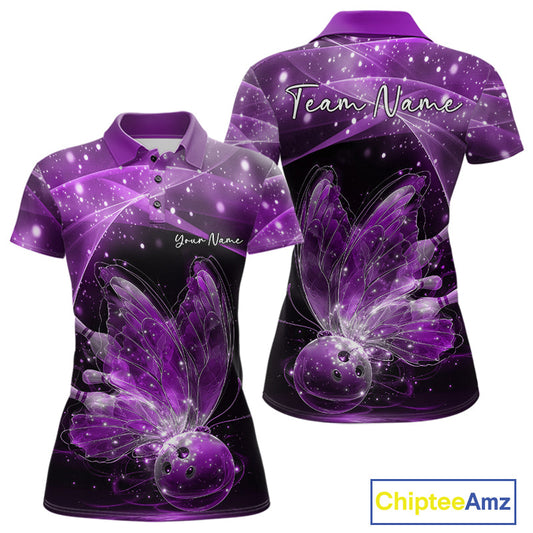 Custom Ethereal Purple Butterfly Bowling Team Women Polo Shirts, Ladies Bowling Outfit IPHW10245