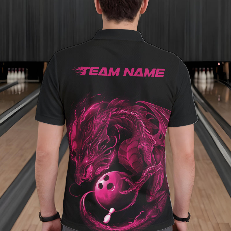 Custom Black And Pink Dragon Bowling Shirts, Bowling League Shirt Dragon Men Jersey IPHW10703