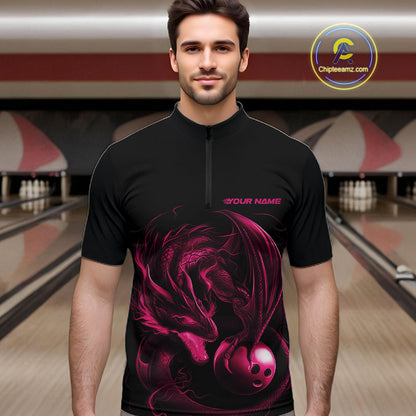 Custom Black And Pink Dragon Bowling Shirts, Bowling League Shirt Dragon Men Jersey IPHW10703