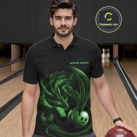 Custom Black And Green Dragon Bowling Shirts, Bowling League Shirt Dragon Men Jersey IPHW10705