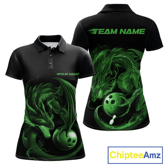 Custom Black And Green Dragon Bowling Shirts, Bowling League Shirt Dragon Women Jersey IPHW10705