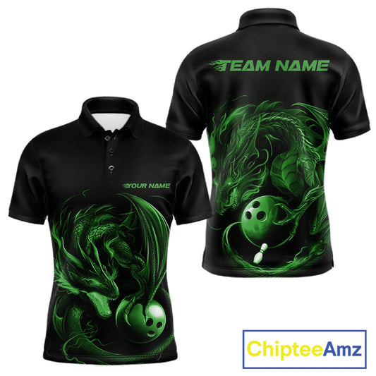 Custom Black And Green Dragon Bowling Shirts, Bowling League Shirt Dragon Men Jersey IPHW10705