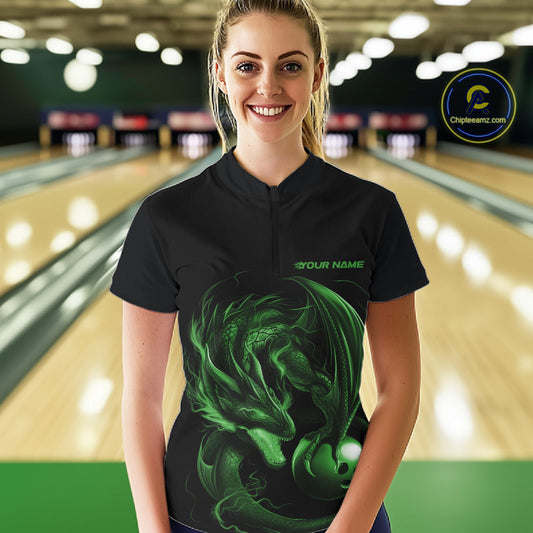Custom Black And Green Dragon Bowling Shirts, Bowling League Shirt Dragon Women Jersey IPHW10705
