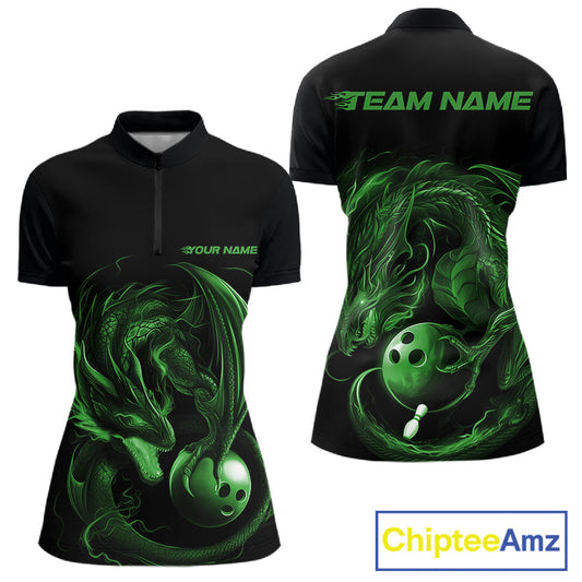 Custom Black And Green Dragon Bowling Shirts, Bowling League Shirt Dragon Women Jersey IPHW10705