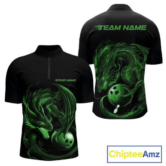 Custom Black And Green Dragon Bowling Shirts, Bowling League Shirt Dragon Men Jersey IPHW10705
