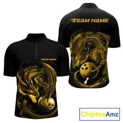 Custom Black And Yellow Dragon Bowling Shirts, Bowling League Shirt Dragon Men Jersey IPHW10706