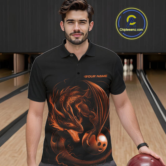 Custom Black And Orange Dragon Bowling Shirts, Bowling League Shirt Dragon Men Jersey IPHW10707