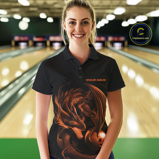 Custom Black And Orange Dragon Bowling Shirts, Bowling League Shirt Dragon Women Jersey IPHW10707