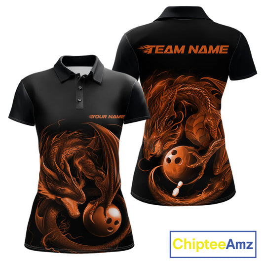 Custom Black And Orange Dragon Bowling Shirts, Bowling League Shirt Dragon Women Jersey IPHW10707