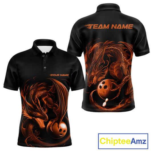 Custom Black And Orange Dragon Bowling Shirts, Bowling League Shirt Dragon Men Jersey IPHW10707