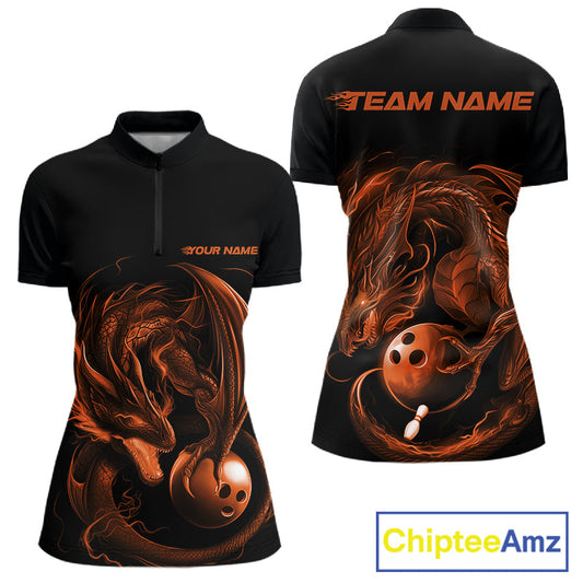 Custom Black And Orange Dragon Bowling Shirts, Bowling League Shirt Dragon Women Jersey IPHW10707