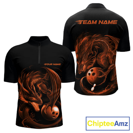 Custom Black And Orange Dragon Bowling Shirts, Bowling League Shirt Dragon Men Jersey IPHW10707