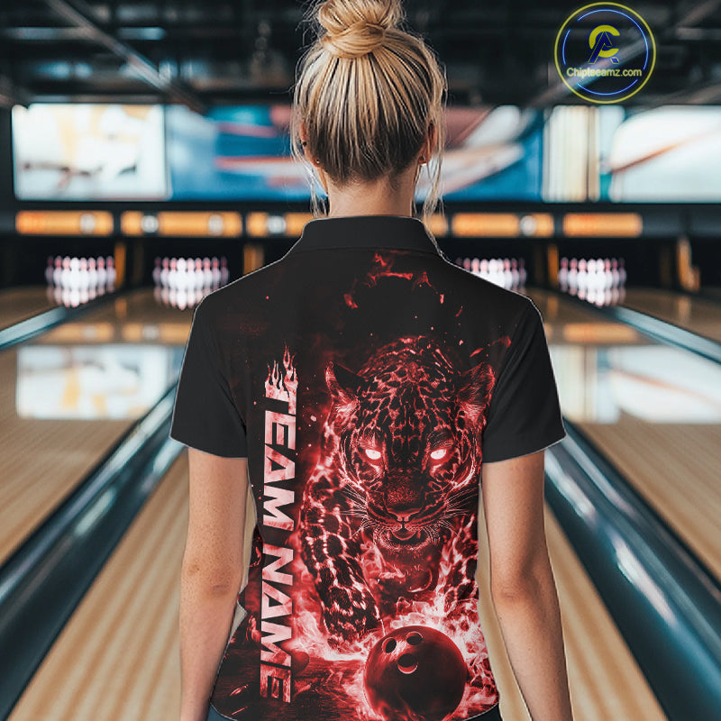 Custom Red Flaming Leopard Bowling Shirts For Women, Fire Bowling Team Shirt Bowler Uniform IPHW10712