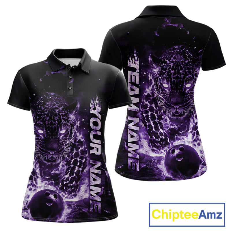 Custom Purple Flaming Leopard Women Bowling Shirts, Fire Bowling Team Shirt Bowler Uniform IPHW10713