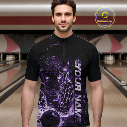 Custom Purple Flaming Leopard Men Bowling Shirts, Fire Bowling Team Shirt Bowler Uniform IPHW10713