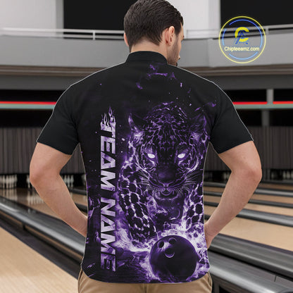 Custom Purple Flaming Leopard Men Bowling Shirts, Fire Bowling Team Shirt Bowler Uniform IPHW10713