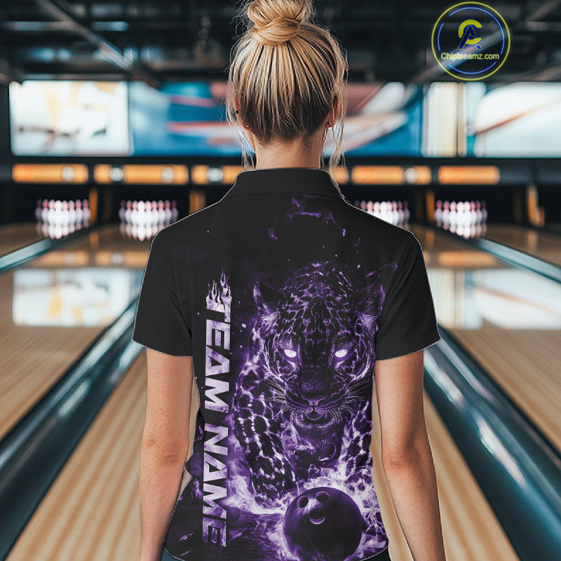 Custom Purple Flaming Leopard Women Bowling Shirts, Fire Bowling Team Shirt Bowler IPHW10713