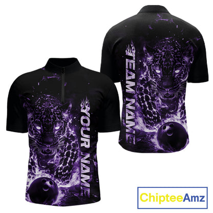 Custom Purple Flaming Leopard Men Bowling Shirts, Fire Bowling Team Shirt Bowler Uniform IPHW10713