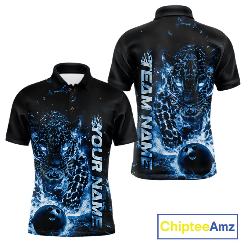 Custom Blue Flaming Leopard Men Bowling Shirts, Fire Bowling Team Shirt Bowler Uniform IPHW10714