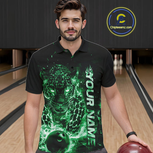 Custom Green Flaming Leopard Men Bowling Shirts, Fire Bowling Team Shirt Bowler Uniform IPHW10715