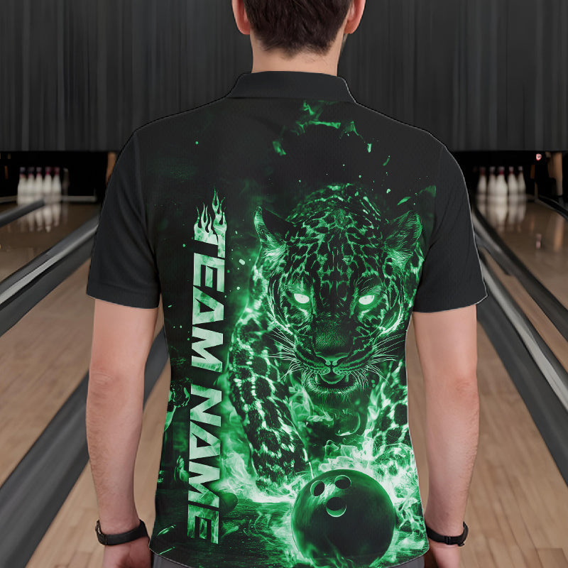 Custom Green Flaming Leopard Men Bowling Shirts, Fire Bowling Team Shirt Bowler Uniform IPHW10715