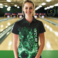 Load image into Gallery viewer, Custom Green Flaming Leopard Women Bowling Shirts, Fire Bowling Team Shirt Bowler Uniform IPHW10715
