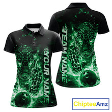 Load image into Gallery viewer, Custom Green Flaming Leopard Women Bowling Shirts, Fire Bowling Team Shirt Bowler Uniform IPHW10715