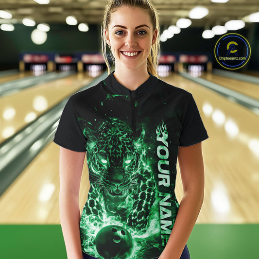 Custom Green Flaming Leopard Women Bowling Shirts, Fire Bowling Team Shirt Bowler IPHW10715
