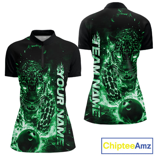 Custom Green Flaming Leopard Women Bowling Shirts, Fire Bowling Team Shirt Bowler IPHW10715